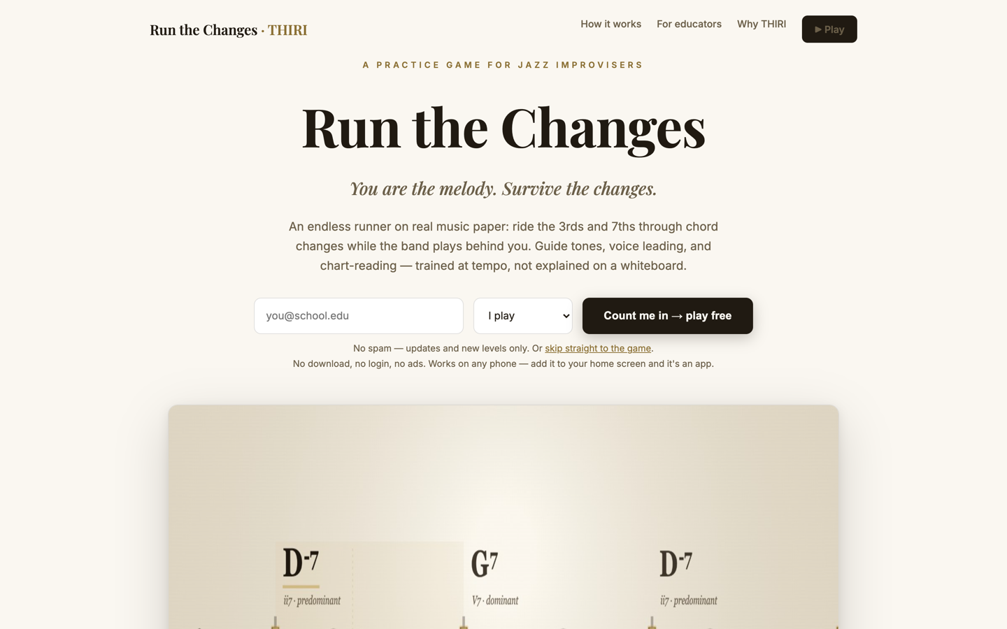 Run the Changes, a practice game for jazz improvisers, with chord changes on music paper